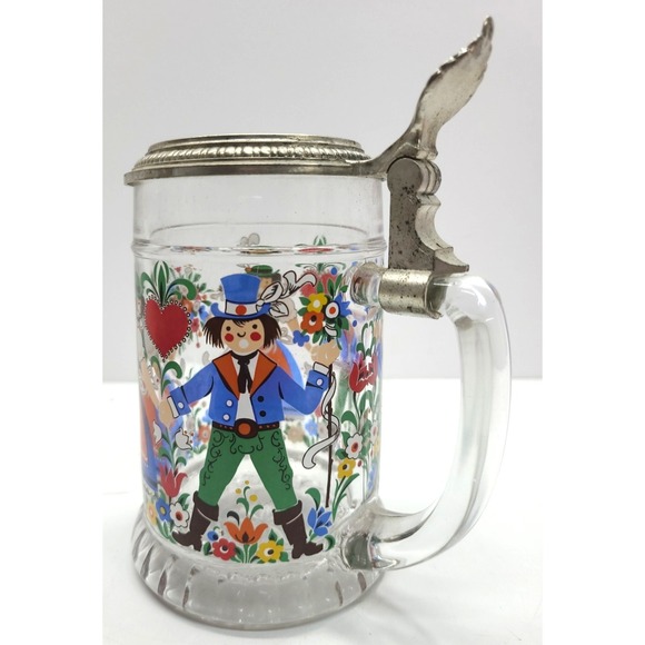West Germany Beer Stein Glass w Pewter Lid‎ German Folk Dancing Couple Hearts - Picture 6 of 11